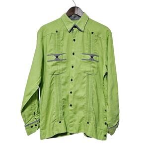 Marsotto Button-Up Shirt Men's Size L Long Sleeve Green Pleated Black Plaid Trim